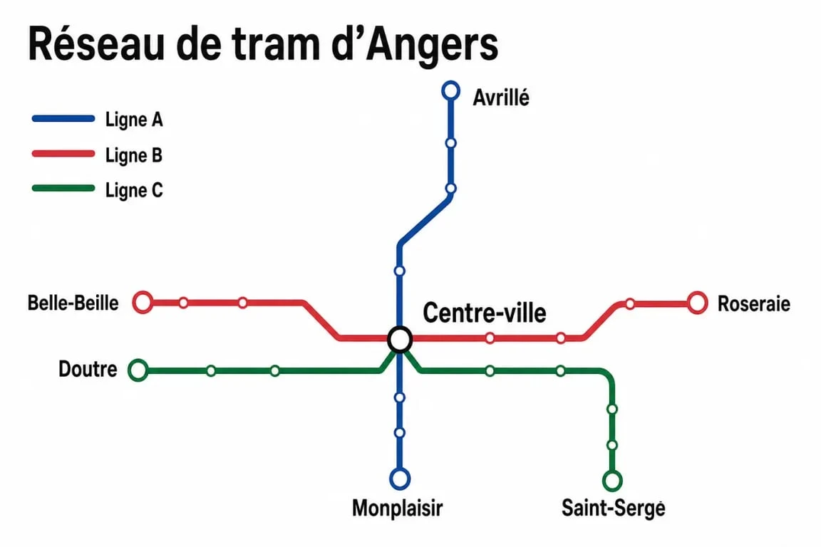 Schéma des trams Angers avec les lignes A, B et C