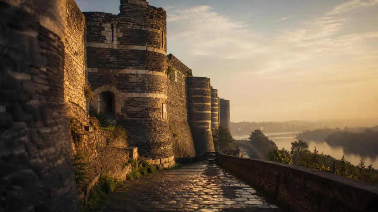 kasteel van angers : château d’Angers, remparts et tour au bord de la Maine