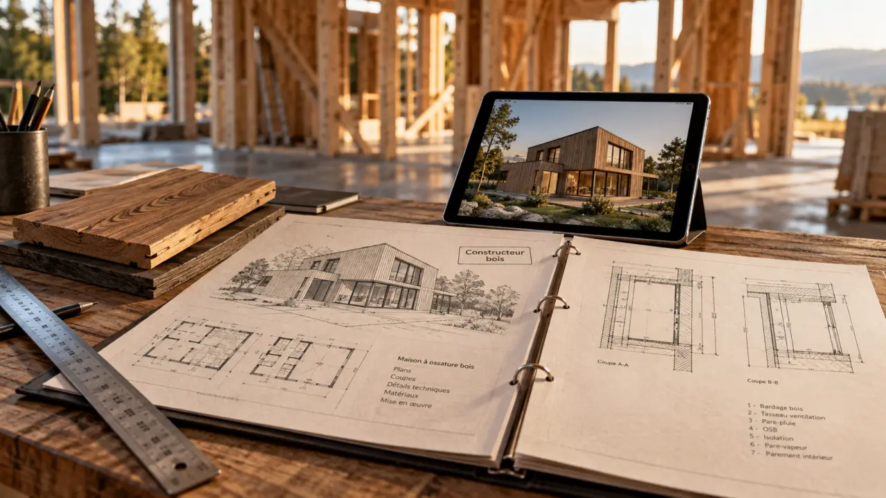 Constructeur maison bois Angers : plans et dossier de chantier en atelier