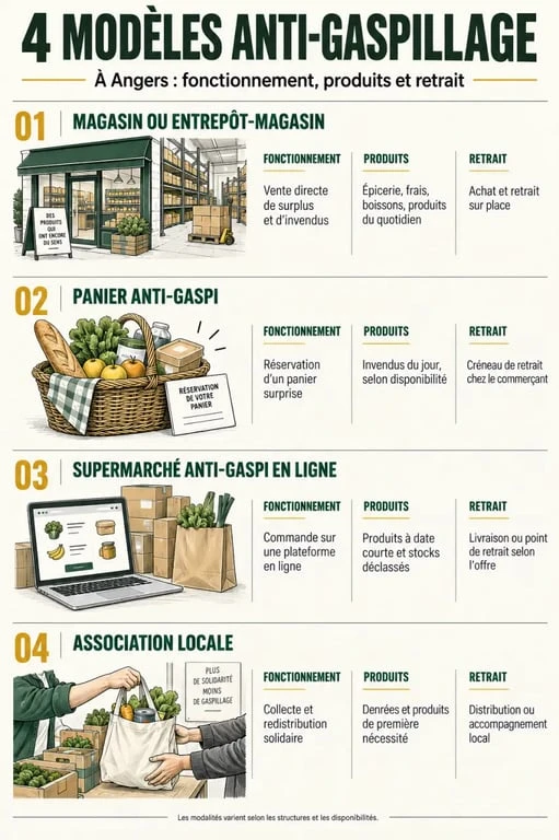 Magasin anti gaspillage Angers : infographie des solutions de vente, paniers et réemploi