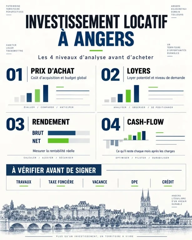 Infographie sur l'investissement locatif à Angers, le rendement et le cash-flow