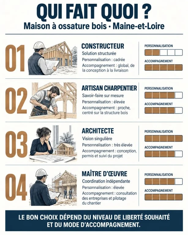 Constructeur maison bois Angers : comparaison des rôles du constructeur, du charpentier, de l’architecte et du maître d’œuvre