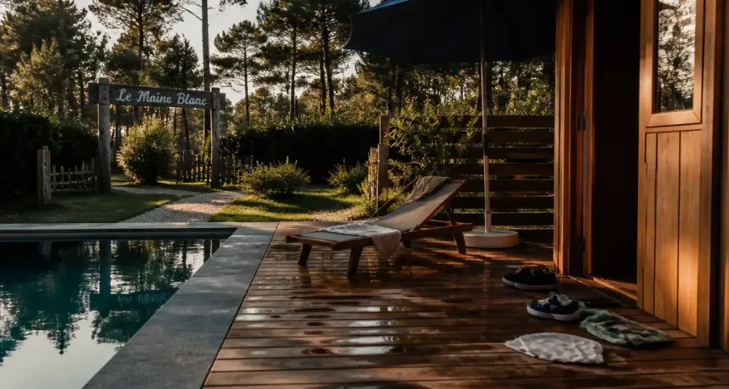 Le maine blanc : piscine et terrasse près du bois