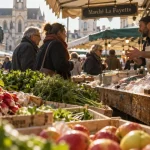 Marché La Fayette à Angers : étals de fruits et légumes
