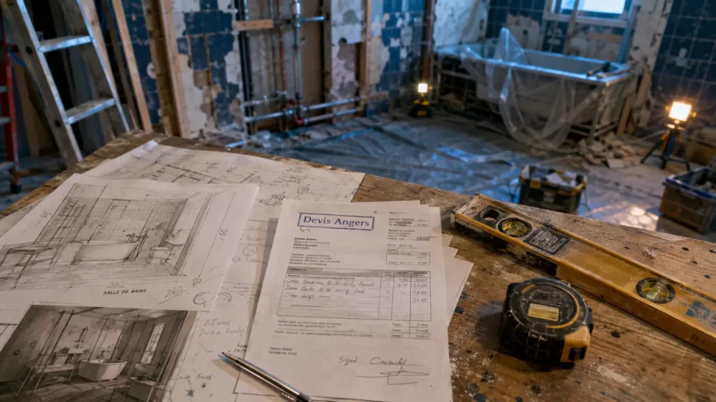 Devis travaux Angers pour chantier sans surprise, plans et niveau en salle de bain