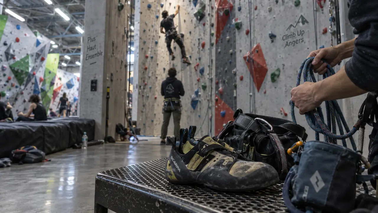 Climb Up Angers, salle d’escalade indoor : cordes, tapis et grimpeur