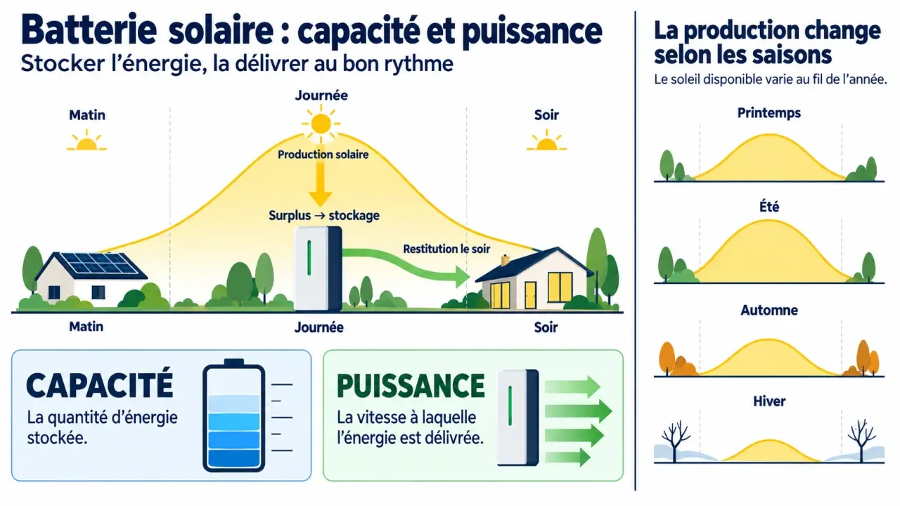 Infographie sur une batterie de stockage solaire à Angers : différence entre capacité, puissance et restitution jour-soir