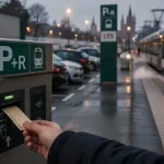 Parking de la Poterie : borne P+R et tram D au fond, stationnement jusqu’à 72 heures