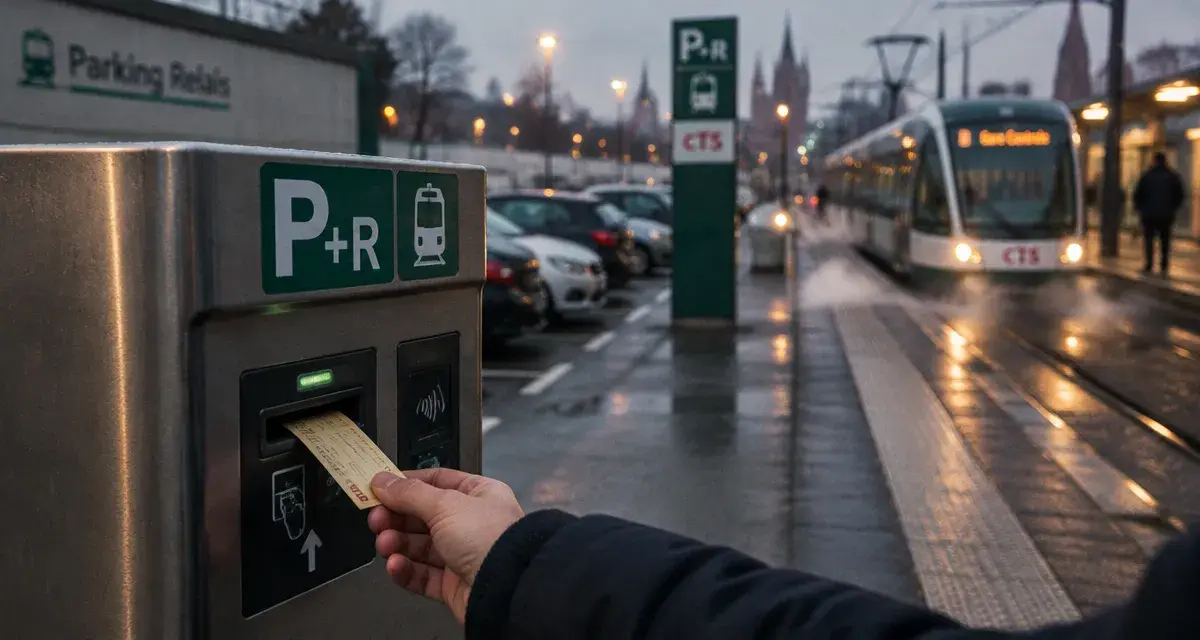 Parking de la Poterie : borne P+R et tram D au fond, stationnement jusqu’à 72 heures