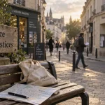Place des justices à Angers, ambiance de quartier, panneau et passants