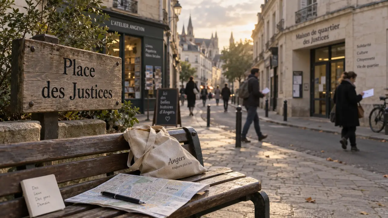 Place des justices à Angers, ambiance de quartier, panneau et passants